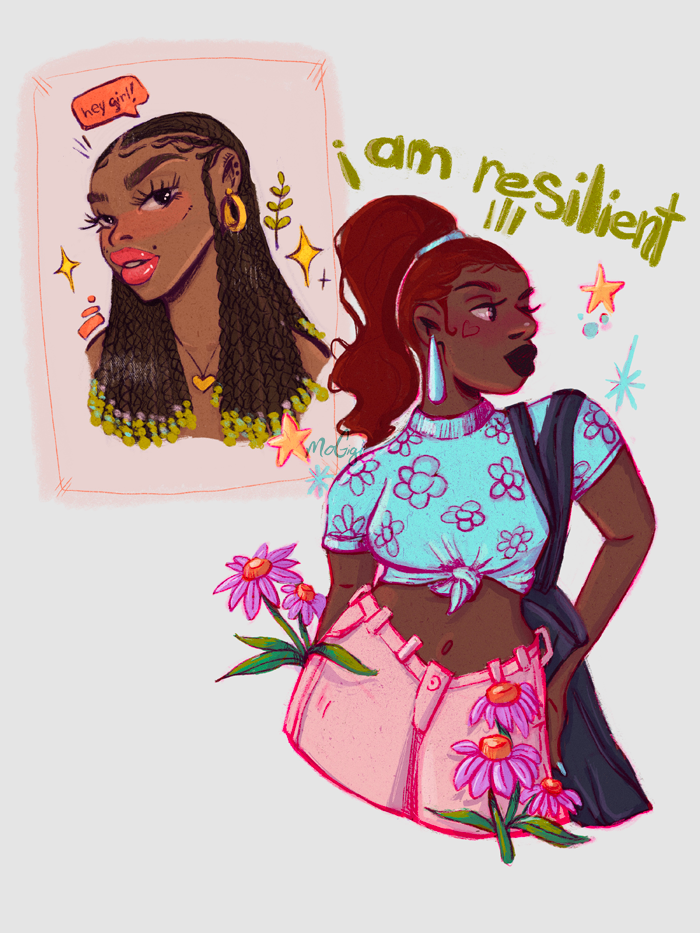 two black girl character sketch illustrations. titled I am Resilient.