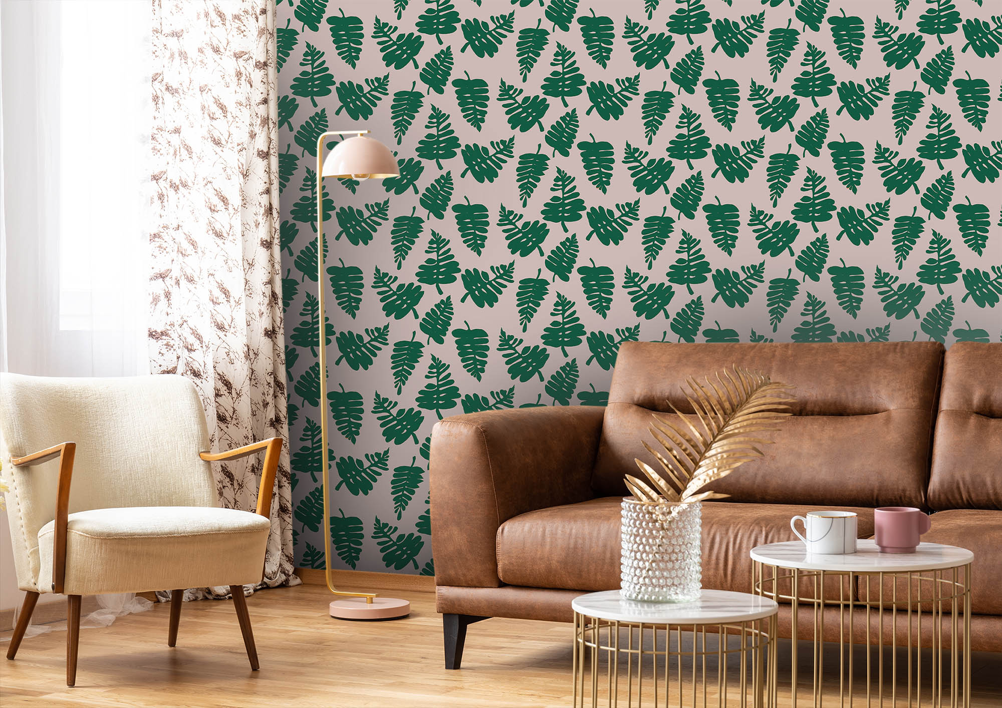 Bright Bird & Mushroom Collection - Green Leaf - Wallpaper