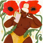 full figured, curvy black woman reading with large red poppy flowers. retro vintage illustration by gigi moore. mogigi.com cream, red, green, yellow, white. prints for your home decor. botanical florals.