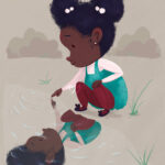 Puddle children's spot illustration by gigi moore mogigi.com of little black girl playing in a puddle of water. She's wearing a cute blue jumper dress with red tights and two space bun afro puff ponytails.