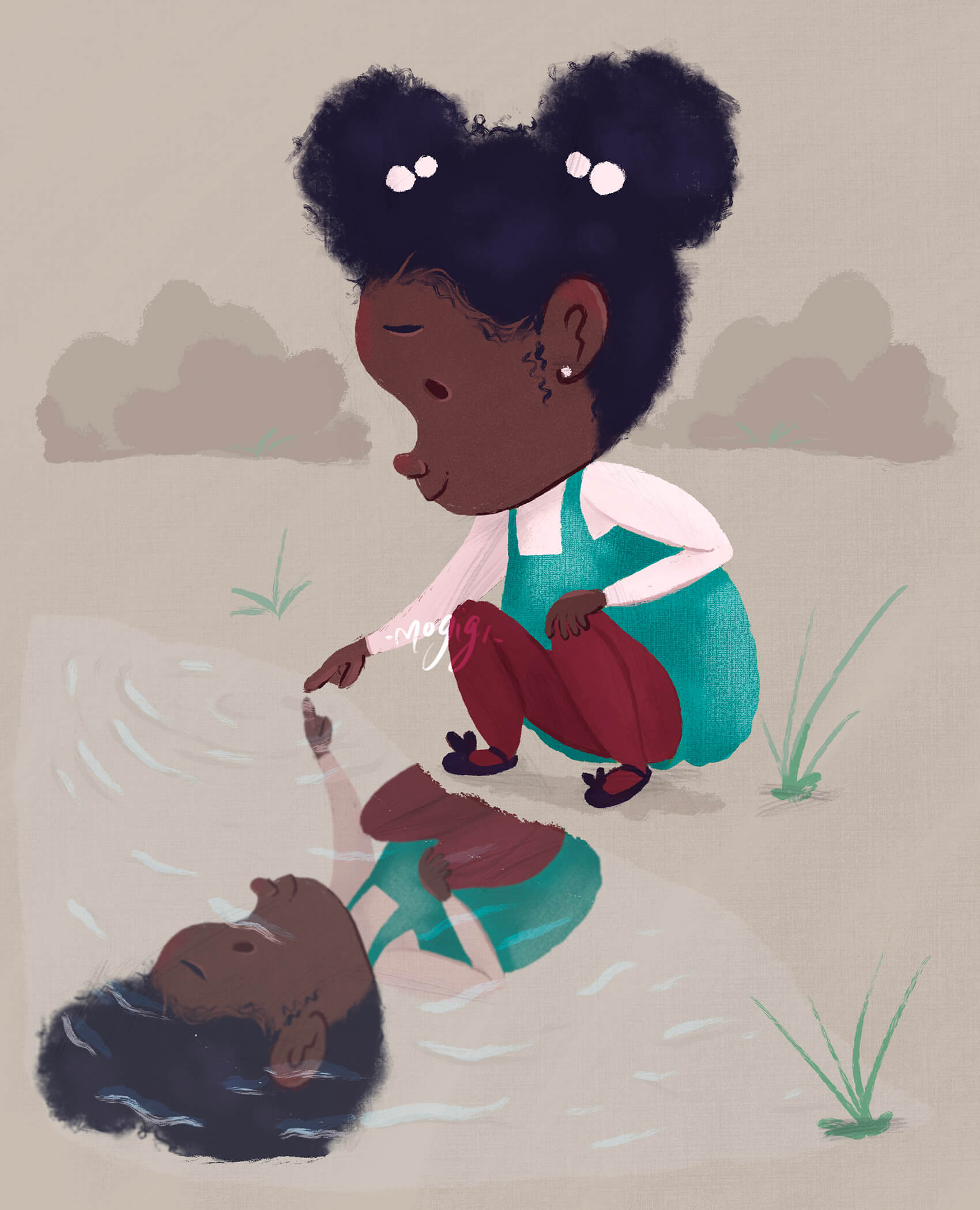 Puddle children's spot illustration by gigi moore mogigi.com of little black girl playing in a puddle of water. She's wearing a cute blue jumper dress with red tights and two space bun afro puff ponytails.