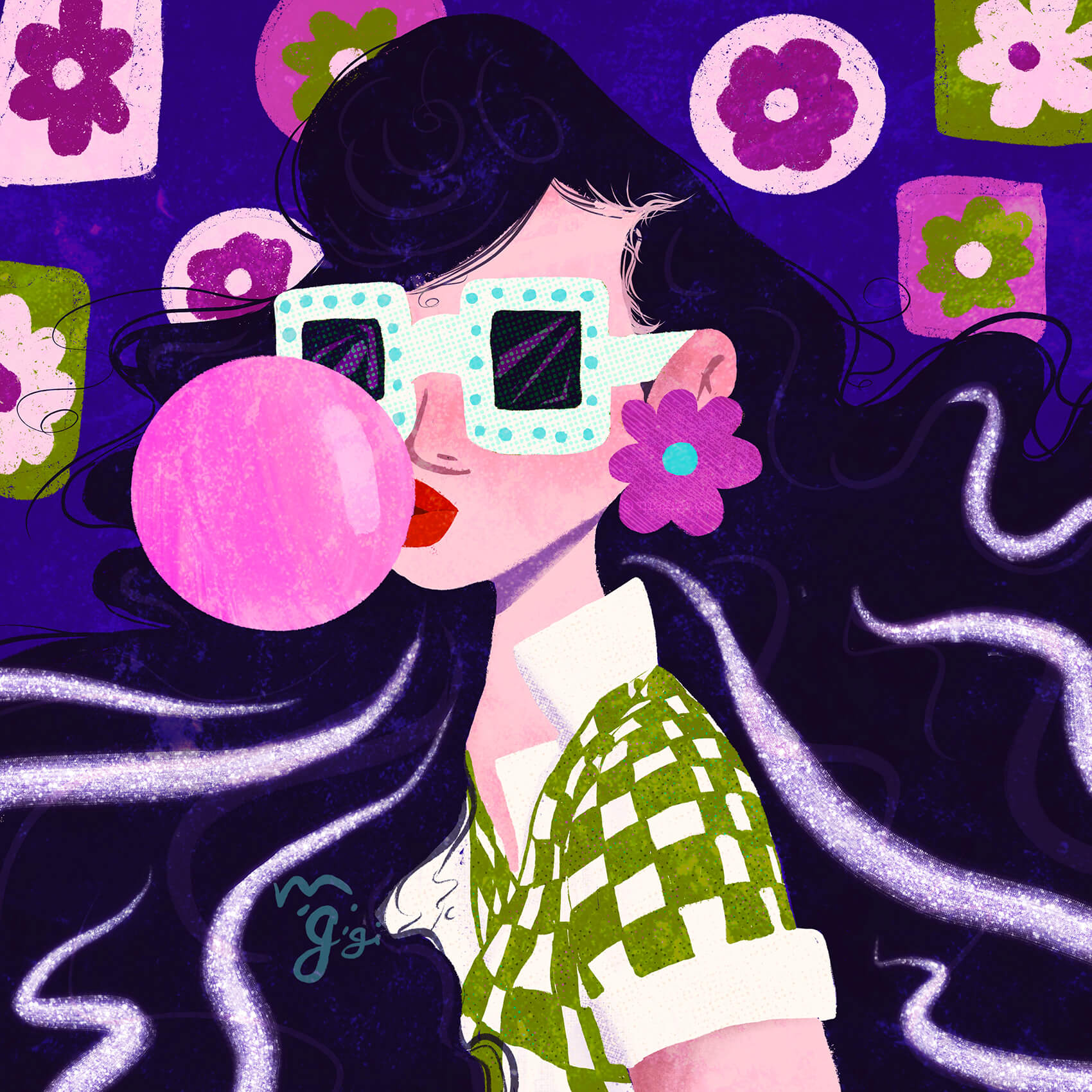 Retro Flora - 2022 neon 70's inspired character illustration, fun with faces, girl with vintage black hairstyle, with square white sunglasses, green and white checkered pattern shirt, blowing hot pink bubble gum with flower squares in the background.