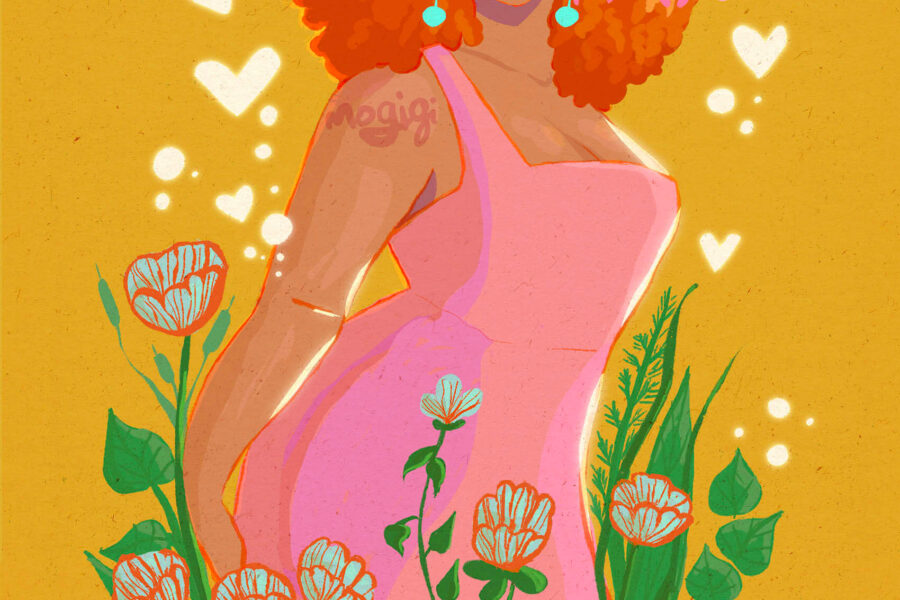 yellow garden girl art illustration by gigi moore. mogigi. black woman in pink dress with big curly natural orange and pink hair standing in green flower garden with yellow background. with hearts. artwork for gallery wall, living room art.