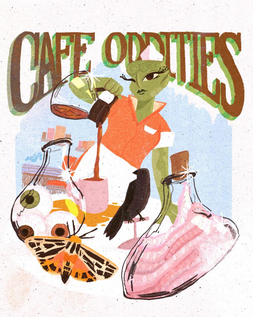 Cafe Oddities alien character design in retro diner scene illustration for 2023 inktober scary and sweet prompt. Gigi Moore mogigi.com mogigi.shop
